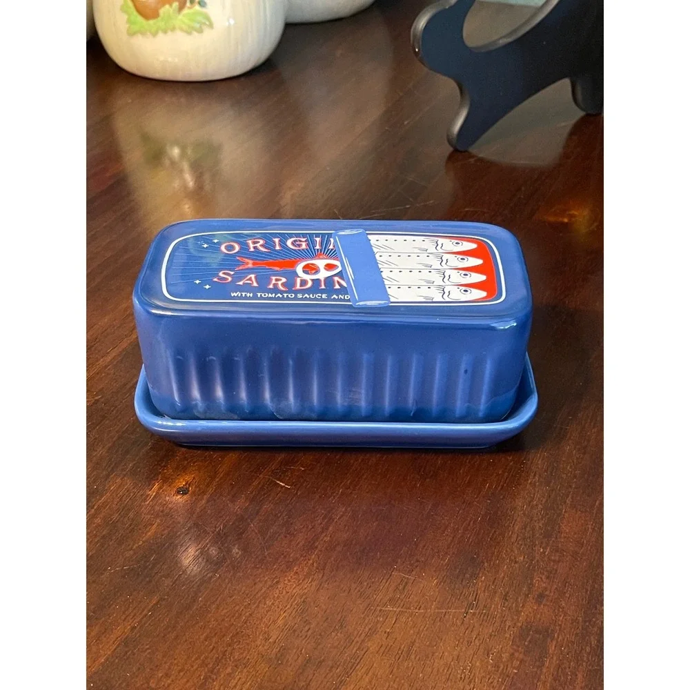 Ceramic Sardine Tin Butter Dish Blue Novelty Whimsical Kitchen Storage